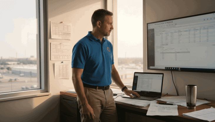 Manager reviewing Odoo workflow in office