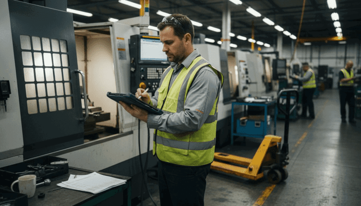 Supervisor performing quality checks with tablet