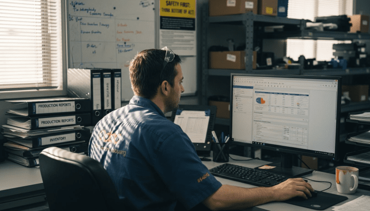 Production manager reviews Odoo ERP manufacturing workflow