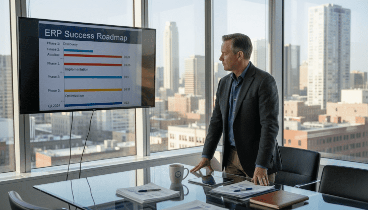 Executive standing in ERP project workspace