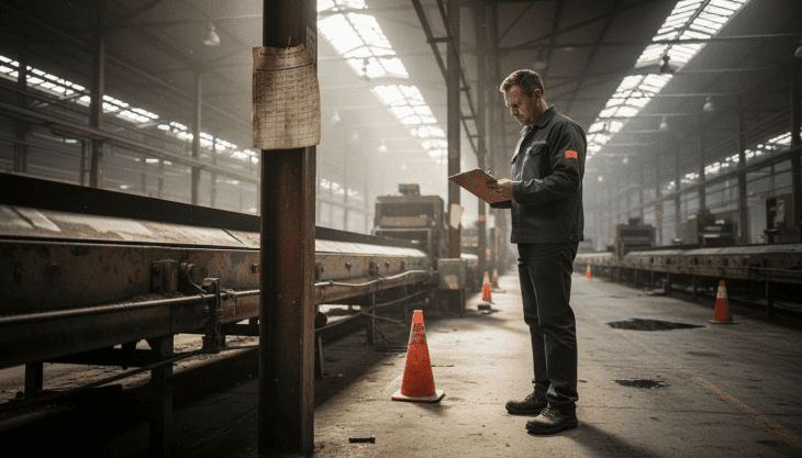 Manager inspecting machines in factory floor