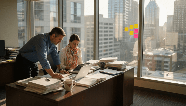 Texas office with team reviewing technology steps