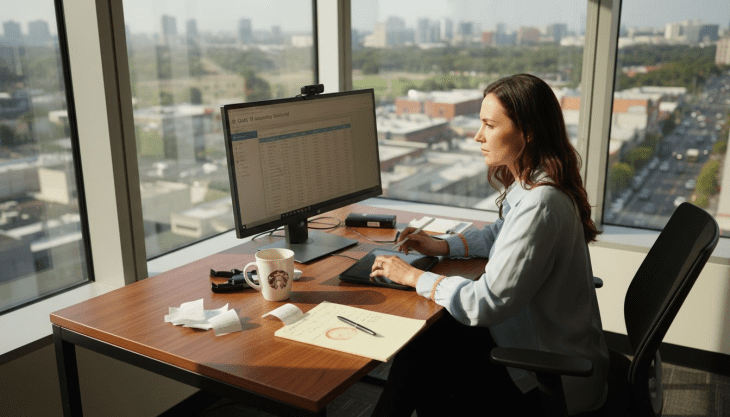 Accountant using Odoo 19 at bright office desk