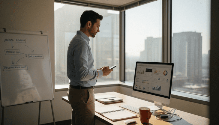 Manager viewing ERP dashboard in corner office