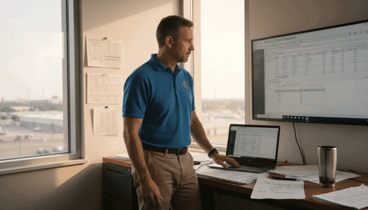 Manager reviewing Odoo workflow in office