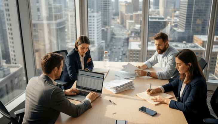 Business team meeting in glass corner office
