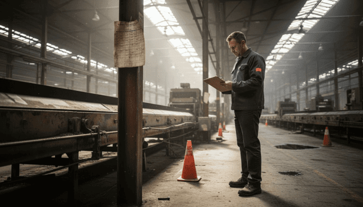 Manager inspecting machines in factory floor