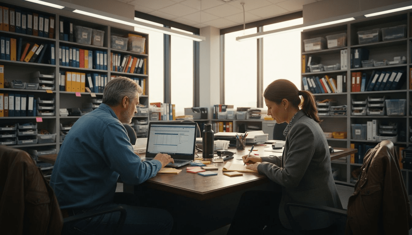 Engineers discussing ERP at office table