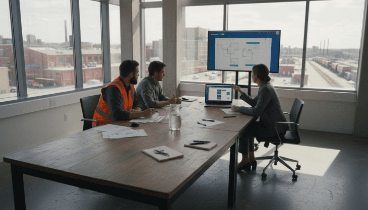 Engineers reviewing Odoo ERP in conference room