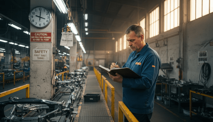Supervisor noting parts in busy factory