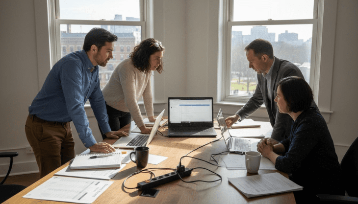Odoo team collaborating in corner office