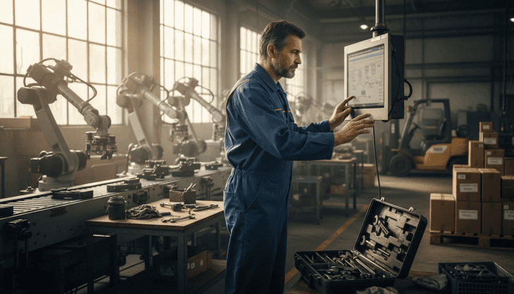 Manager using touchscreen on automated assembly line